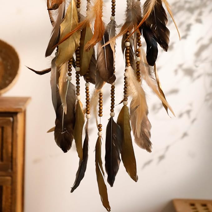 Dream Catcher Native American Boho Dreamcatcher Rattan Wall Decor, Handmade Natural Goose Feathers Brown Golden Beaded Hanging Ornament Indian Decor for Bedroom Living Room (Dark Brown)