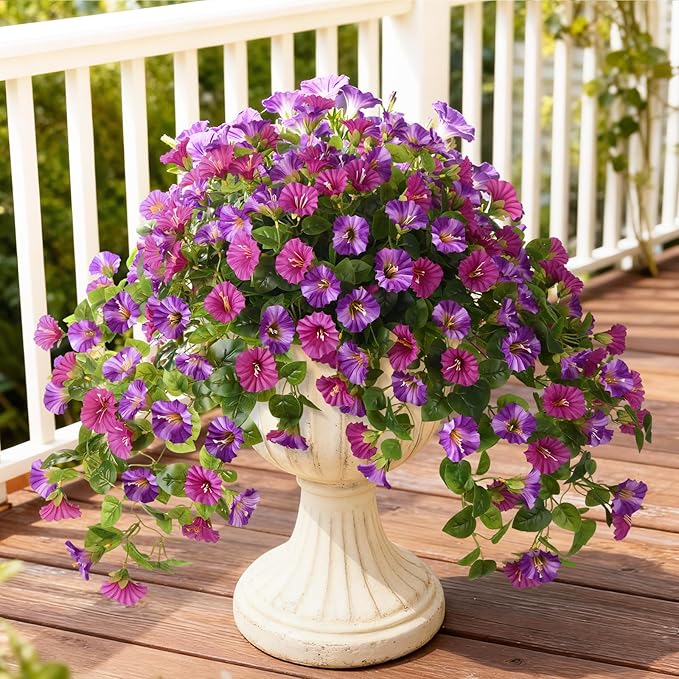 Homsunny Artificial Fake Flowers Outdoor, 2PCS Long 29.5 in Faux Petunias Silk Flower UV Resistant No Fade for Home Outside Garden Balcony Yard Porch Realistic Spring and Summer Decor（Light Purple）