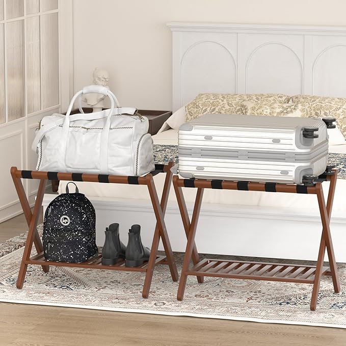 Luggage Racks Set Of 2 Suitcase Stand Foldable With Storage Shelf For Guest Room Hotel Essentials Solid Bamboo Heavy-Duty Item Holder Chestnut Brown