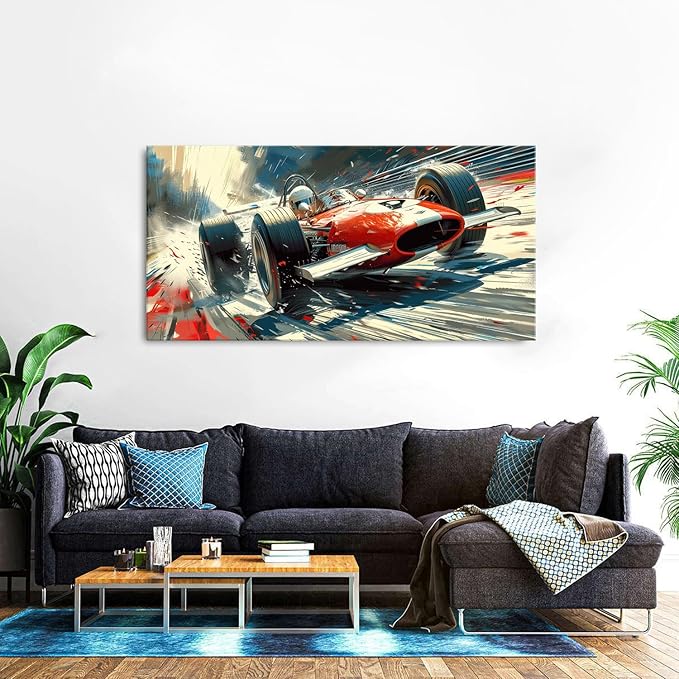 Vintage Formula Race Car Wall Art Abstract Racing Car Canvas Painting Retro Speed Posters for Boys Bedroom Man Cave Garage Office Living Room Home Decoration Open Wheel Motorsport Artwork 29.53x57.87"