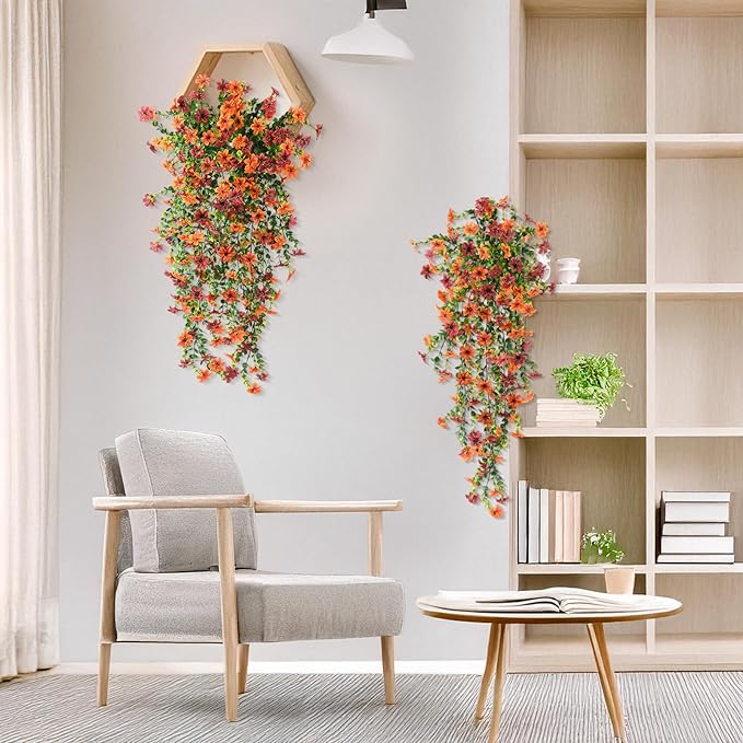 Artificial Fall Fake Flowers for Outdoor Fall Decoration,2 Pcs Faux Hanging Flowers Outdoor Fall Decor,UV Resistant Look Real Faux Mums Silk Flower for Outside Home Porch Patio Yard Balcony Planter