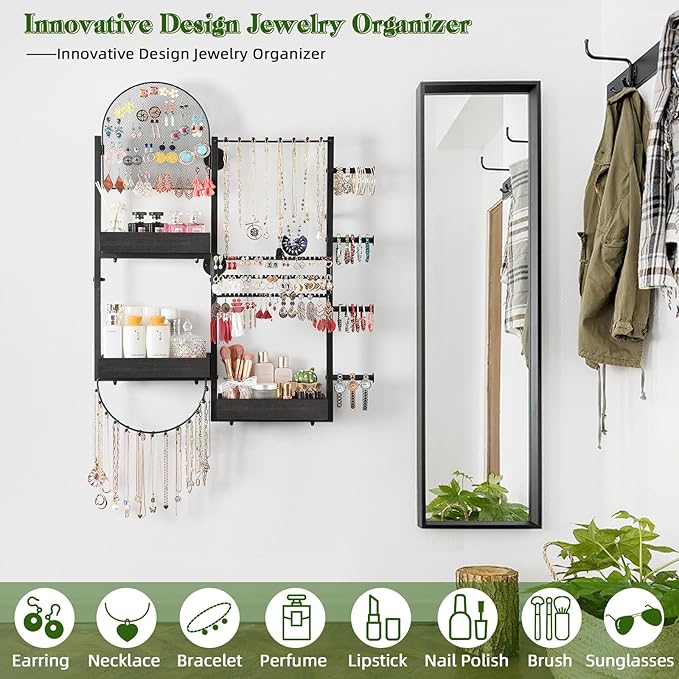 Keebofly Wall Mount Hanging Jewelry Organizer - Large Display Holder for Earrings, Rings, Necklaces, Bracelets, Watches and Perfume - Black