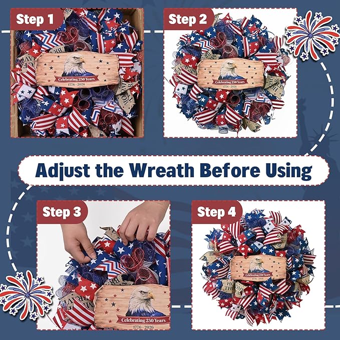 250th Anniversary Patriotic Wreath, 4th of July Wreaths for Front Door with Wooden Eagle Door Sign & Red White Blue Ribbon for Independence Day Memorial Day Patriotic Decorations(18In, 1Pcs)