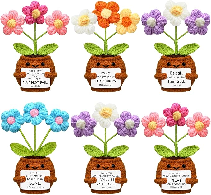Wavwavw 6 Pcs Christian Gift for Women Inspirational Religious Gifts Positive Faith Scripture Crochet Handmade Bible Verse Crochet Doll with Prayer Card for Vbs Church(Puff)
