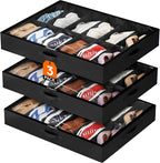 Lifewit Under Bed Shoe Storage Organizer 3 Pack(12 Pairs), 4.3" Tall Fabric Shoes Container Box, Foldable Closet Shoe Bag with 2 Reinforced Handles and Clear Cover, Black