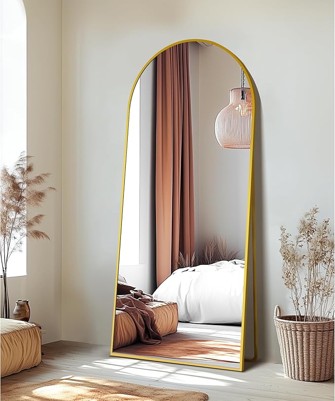 Delma Wall Mirror Full Length, Standing Floor Mirror for Bedroom Bathroom Living Room with Aluminium Frame (with Stand, Arch 69x24-Gold)