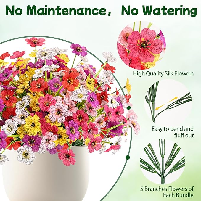 MACTING 24 Bundles Artificial Flowers for Outdoors UV Resistant Fake Flowers Faux Plastic Plants No Fade for Planters Window Patio Porch Home Garden Indoor Outside Spring Decorations(Mix Color-1)