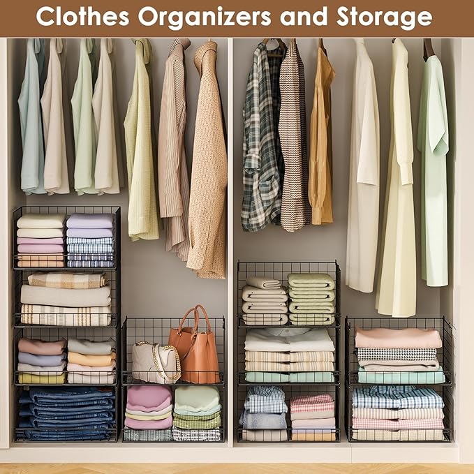 4-Tier Stackable Closet Organizers and Storage Shelves, Clothes Shelf Organizer Basket Bins, Foldable Sweater Storage for Closet Organizer System, Black (Patent Pending)