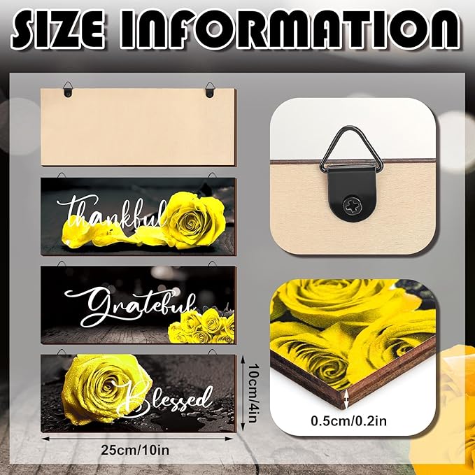 Hillban 3 Pieces Rose Wooden Wall Decor Rose Bathroom Decor Thankful Grateful Blessed Accessories Inspirational Wall Art Signs for Living Room Kitchen Wedding(10 x 4 Inch,Yellow)