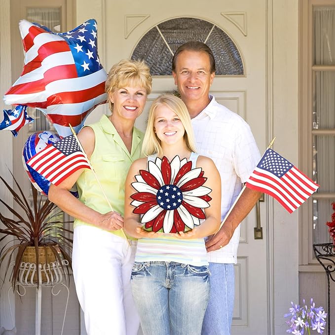 Wooden 4th of July Decoration Door Wreath for Front Door Sign Star Wall Signs, Independence Day Patriotic Day Wreath Welcome Memorial Day Hanging for Home Wall Decor Party Outdoor Indoor Flower