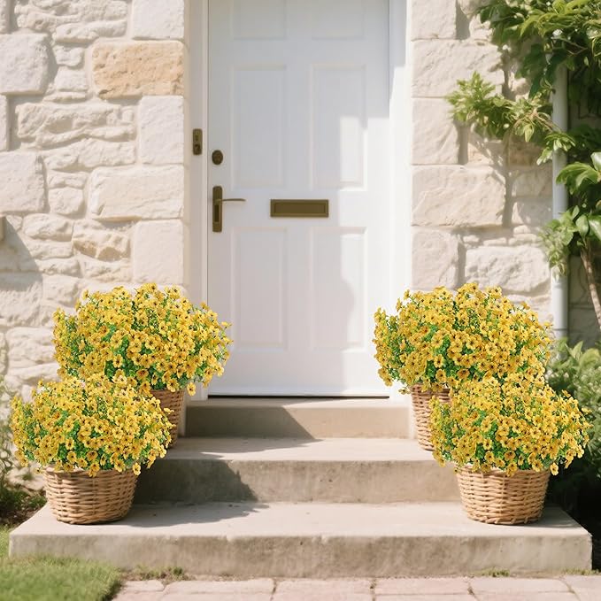 Artificial Faux Flowers Plants for Outdoors Outside Spring Summer Decoration,12 Bundles Realistic Fake Flowers Plant Greenery Silk Daisy UV Resistant Planters Balcony Porch Patio Garden Home（Yellow）