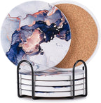 Hoewina 6Pcs Drink Coasters with Holder, Marble Style Ceramic Drink Coaster, Absorbent Coasters Set Suitable for Kinds of Cups, Modern Style Coasters for Coffee Table, 4 Inches（Render Style）