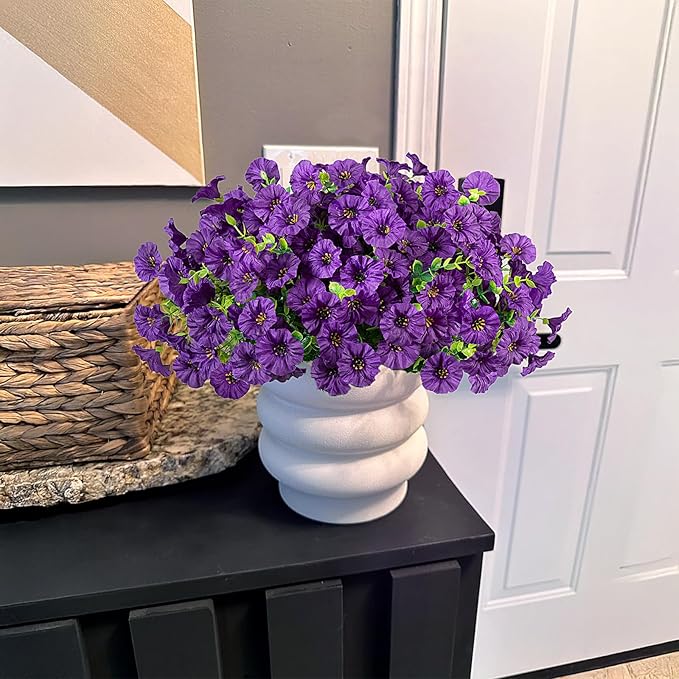 Artificial Flowers for Outdoor Decoration, 12 Bundles Fake Plastic Flower Plant, Faux Colorful Silk Morning Glory Eucalyptus for Outside Spring Summer Garden Porch Front Door Decor, Dark Purple