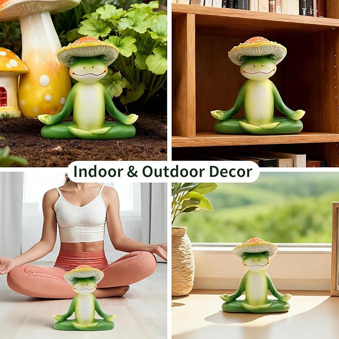 Meditation Mushroom Resin Statues – Cute Yoga Mushroom Figurines for Desk, Home, Office & Garden Decor – Zen Resin Sculptures for Living Room, Patio, Tabletop & Backyard (1 Pack, Frog)