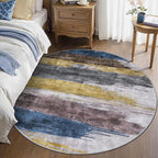 Ciicool 5ft Round Washable Rug, Modern Abstract Circle Rugs, Non-Slip Thin Lightweight Rug Yellow Blue Circular Print Distressed Carpet for Bedroom Living Room Under Dining Table Home Office Decor