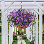 Artificial Faux Hanging Baskets Flowers Plants for Outdoor Spring Decoration, Fake Silk Daisy Outside Indoor UV Resistant Look Real Yard Patio Front Porch Garden Balcony Home Decor(Double Purple)