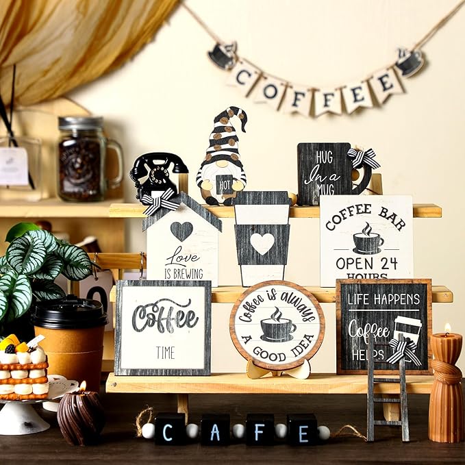 Mifoci 17 Pcs Coffee Tiered Tray Decorations Wooden Coffee Bar Decor Farmhouse Bar Accessories Gnome Wooden Table Sign for Table Kitchen Winter Valentines Gift
