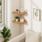 Fun Memories Corner Shelf Wall Mount Set of 2 - Solid Oak Wood Floating Corner Shelf with Cable Hole, 10in Rustic Design for Bedroom, Living Room, Kitchen (Natural)