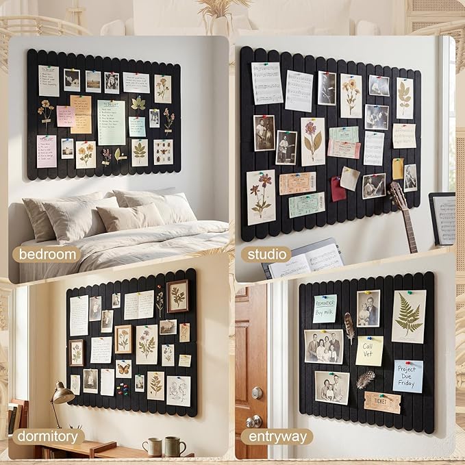 Yookeer Large Scalloped Felt Bulletin Board 36'' x 24'' Cork Board Alternative for Office Wall Decor 6 Pack with 25 Safe Removable Adhesive Tabs Push Pin, Felt Pin Boards for Home Office(Black)