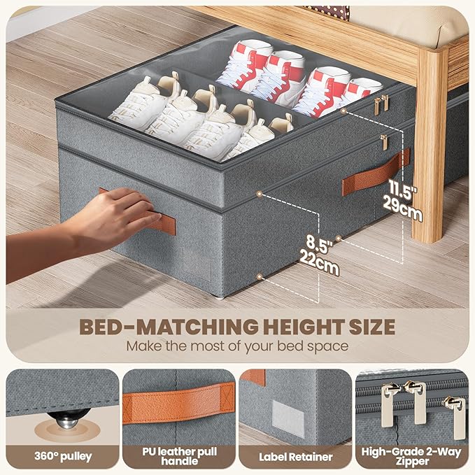 Dayacoco Under Bed Storage with Wheels, 2Pack 71L Under the Bed Storage Containers, Adjustable Underbed Drawer with Lids, Underbed storage Rolling Bin for Shoes, Clothes, Blankets, Grey