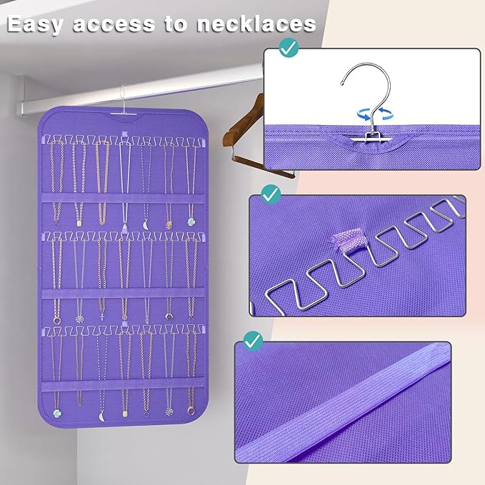 Hanging Jewelry Organizer Storage, 40 Pockets 36 Hooks Necklace Earring Necklace Bracelet Ring Organizer, Double - Sided Design, Purple