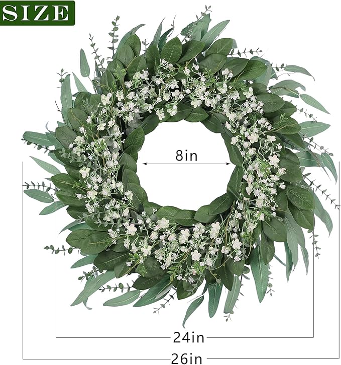 26'' Eucalyptus and Babys Breath Flowers Wreath for Front Door - Large Artificial Greenery Outdoor Wreath for Porch,Window,Farmhouse,Home,Hanging Decor- Spring, Summer, All Seasons (Green-White)