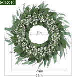 26'' Eucalyptus and Babys Breath Flowers Wreath for Front Door - Large Artificial Greenery Outdoor Wreath for Porch,Window,Farmhouse,Home,Hanging Decor- Spring, Summer, All Seasons (Green-White)