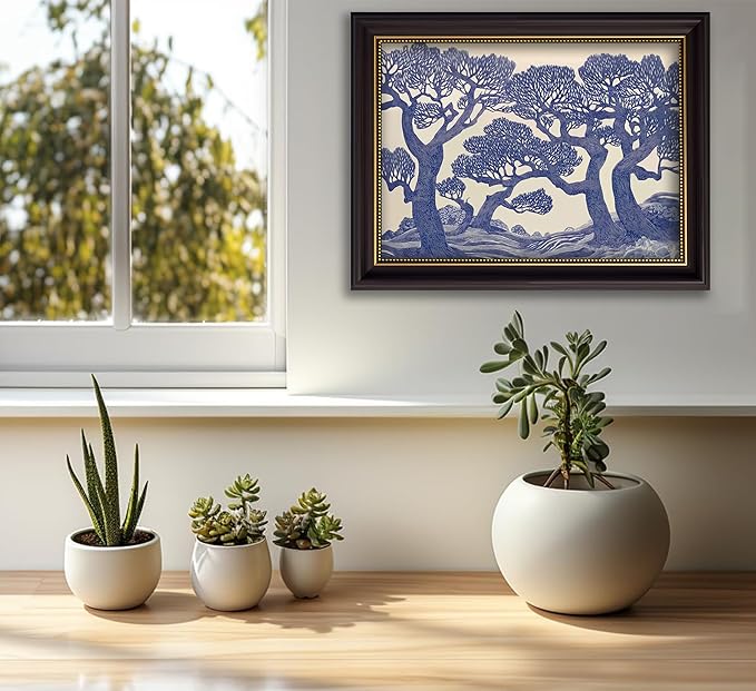 Vintage Gold Framed Wall Art Oak Tree Forest Painting Canvas Prints Blue Woodland Nature Landscape Picture Moody Botanical Poster Artwork for Living Room Bedroom, 12x16in