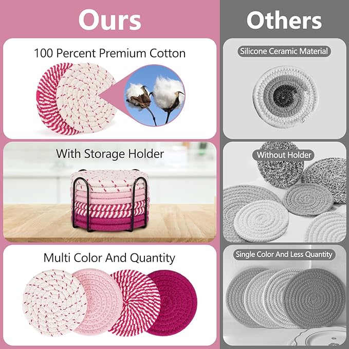 Coasters for Drinks Absorbent, Coasters Set of 4 - Color, 8 Pack Pink Coaster for Desk, House Essentials for New Home, Kitchen and Dining Coffee Table Decor, Modern Home Decor
