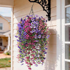 INQCMY Artificial Hanging Flowers Decoration, 8pcs Fake Floral Basket Plants for Outdoor Porch, Faux Shrubs Home Spring Decor UV Resistant Potted Violets for Outside Garden No Fade