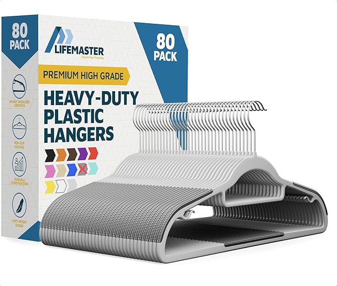 Lifemaster Plastic Clothes Hanger Set - 80 Pieces Versatile, Lightweight, Space-Saving, Non-Slip, Slim Designed, Dry and Wet Clothes Hanger Set with 360° Swivel Hook and Rubber Coating - Gray