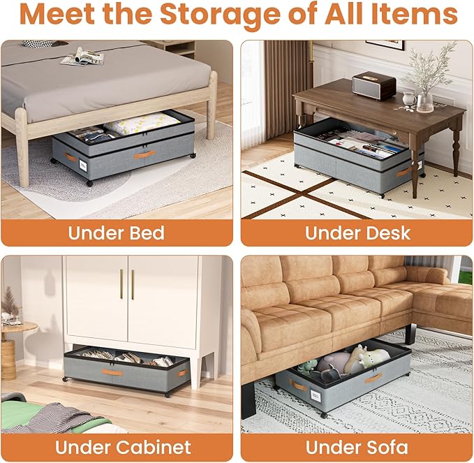 Under Bed Storage with Wheels, 72L XXL Under the Bed Storage Containers Large, 10‘’ Tall Adjustable Storage for Underbed with Lids, Rolling for Shoes, Clothes, Blankets, Grey