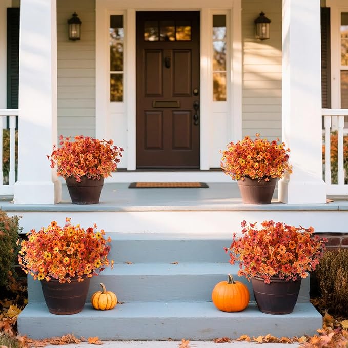 Artificial Fall Flowers for Outdoor, 12 Bundles 4 Colors Faux Mums Fake Fall Plants for Decoration, UV Resistant No Fade Silk Plastic Flower for Autumn Porch Patio Planters Windowbox Yard Garden