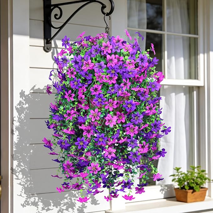 INQCMY Artificial Hanging Flowers Decoration, 4pcs Fake Floral Basket Plants for Outdoor Porch, Faux Shrubs Home Spring Decor UV Resistant Potted Violets for Outside Garden No Fade