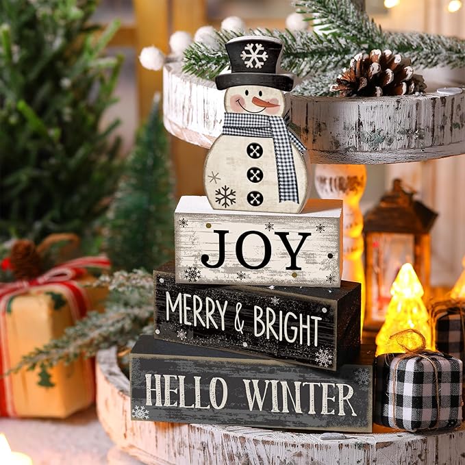 Lineshading 4 Pcs Snowman Christmas Table Decorations Black and White Wooden Snowman Stacked Block Sign Gifts Winter Tiered Tray Decor Rustic Winter Tabletop Centerpiece Farmhouse for Home Kitchen