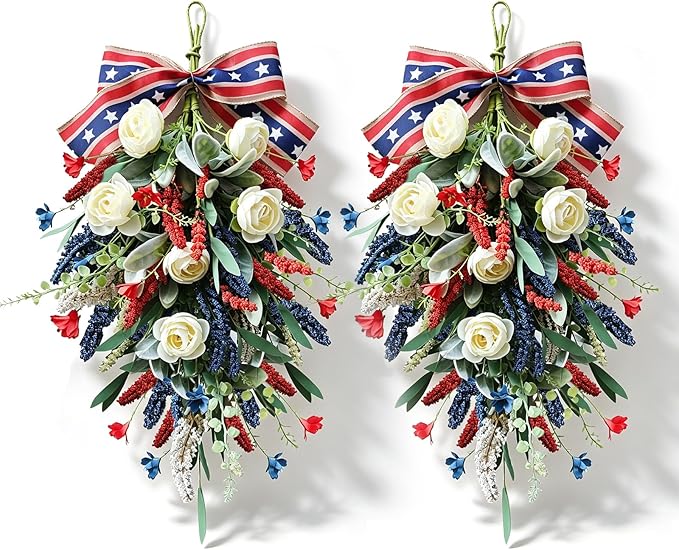 2 Pack 21'' Patriotic Teardrop Swag Wreaths for Cabinets Artificial 4th of July Swag Wreath with White Roses Red Blue Spike Flowers Eucalyptus Leaves for Independence Day Memorial Day Front Door Porch
