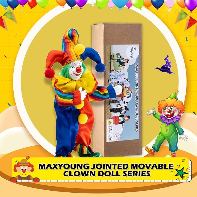 Maxyoung 14 Inch Porcelain Clown Doll Vintage Dolls Figurine, Collectible Figure, Hand Painted Toy, Christmas Halloween Birthday Gift, Movable Joints