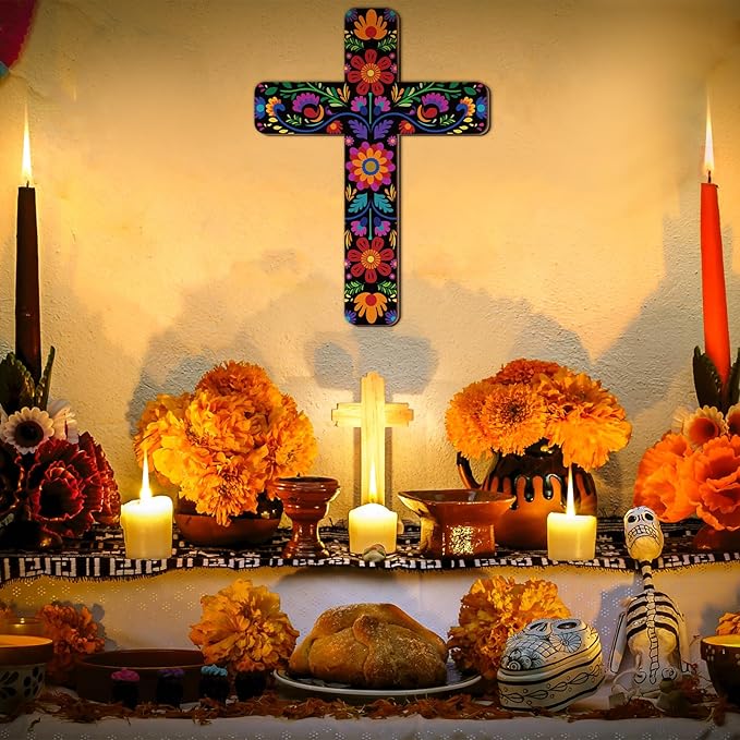 Maitys Floral Cross Wall Decor Hand Painted Decorative Inspirational Wooden Cross Mexican Art Wall Decor Mexican Crucifix for Home Room Church Decoration(Retro Style)