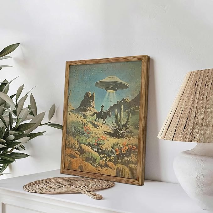 Framed Vintage Intergalactic Western Canvas Wall Art, Alien UFO Abducting Cowboy, Desert Cactus and Flowers Wall Decor, Retro Sci-Fi Poster for Living Room Bedroom – Dark Wooden Frame 16x24in