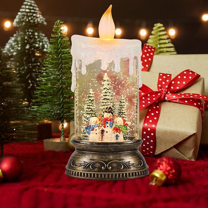 Wondise Rechargeable Musical Snow Globe Lantern with 6H Timer, Battery Operated USB Powered Lighted Snow Globe Lamp Spinning Water Swirling Glitters Holiday Decor Snowman Famliy
