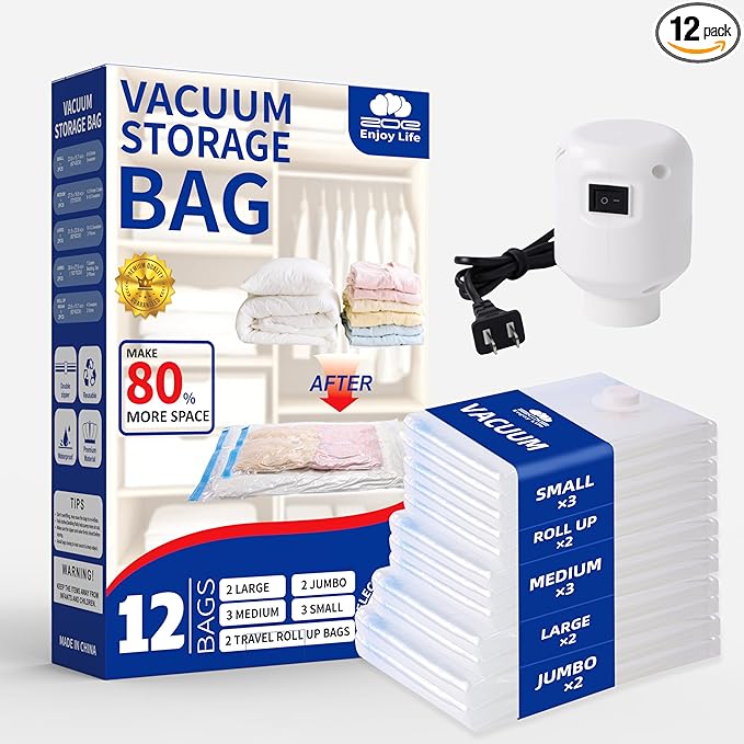 Vacuum Storage Bags with Electric Pump, 12 Pack (2 Roll-Up,3 Small,3 Medium,2 Large,2 Jumbo), Heavy Duty PA+PE Space Saver Bags for Clothes, Bedding, Home & Travel