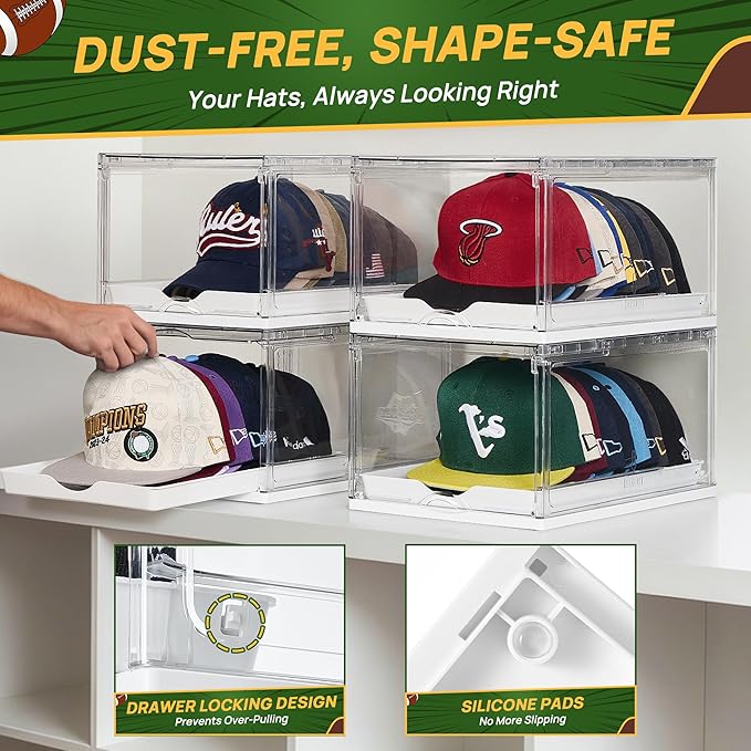 Vtopmart 6 Pack Hat Organizer for Baseball Caps, Clear Hats Holder Box with Drawer, Large Cap Storage with Sliding Tray, Stackable Rack Display Case with Magnetic Door, Each Holds 12 Hats