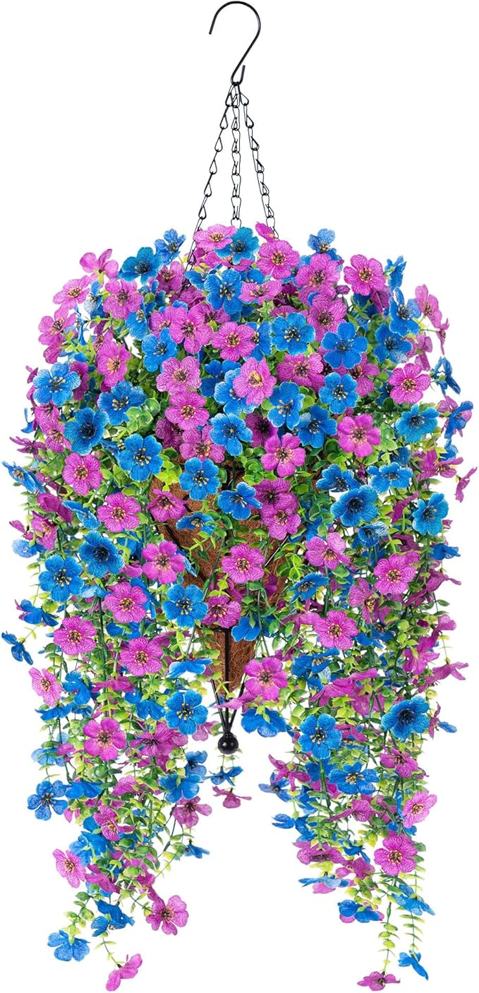 Artificial Flowers for Outdoors Home Decor, 2 Packs Faux Daisy Silk Flower Realistic Fake Plants for Front Porch Courtyard Outside Hanging Floral Spring Summer Fake Planter Decoration (Purple Blue)