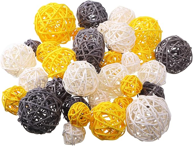 Patelai 36 Pcs Wicker Rattan Balls Decorative Balls for Vase Centerpiece Bowls Orbs Filler for Home Decor,4 Sizes(Yellow, Gray, White,2.4'',2'',1.6'',1.2'')