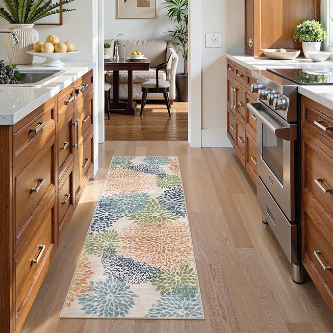 Dahlia Floral Washable Runner Rug for Hallway,2x6 Boho Multicolored Kitchen Runner Rug, Non Slip Fall Low Pile Carpet Runners for Hallway 6ft Bedroom Entryway Laundry,Multi