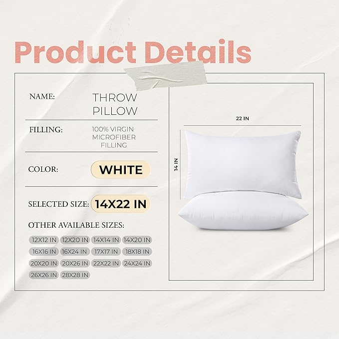Utopia Bedding 14x22 Pillow Inserts, Set of 2, White – Indoor Decorative Throw Pillows for Bed, Sofa & Couch – Soft, Supportive & Fluffy Cushion Inserts