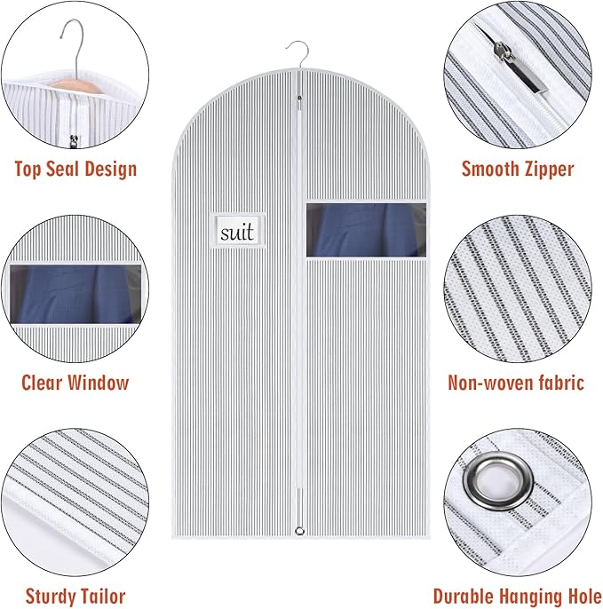 Univivi Suit Bags for Closet Storage and Travel, 40 Inch Hanging Garment Bags for Men Suit Cover with Clear Window and ID Card Holder for Suit Jacket, Shirt and Coat, 10 Pack, White