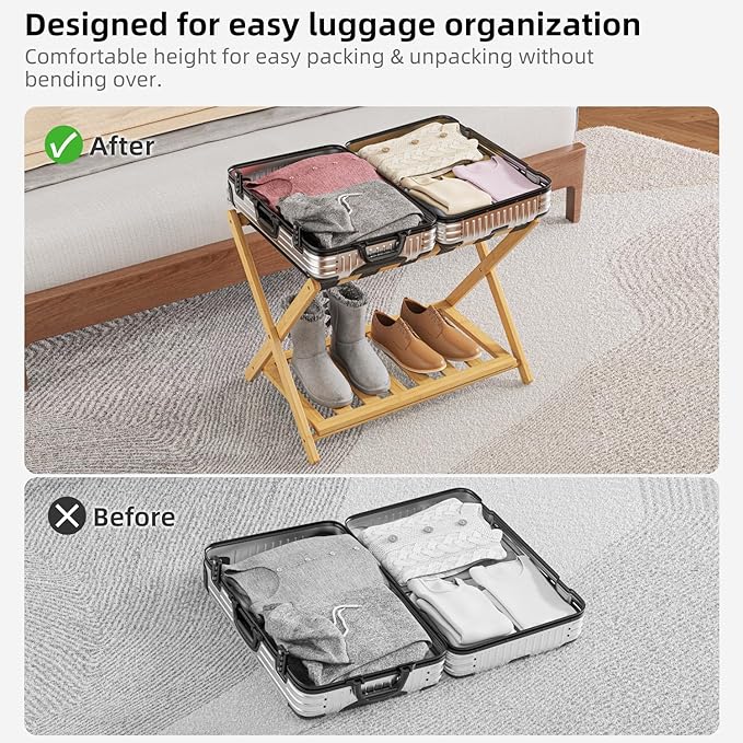 Luggage Rack for Guest Room, Wide Suitcase Stand with Storage Shelf, Folding Luggage Stand Holder for Bedroom Hotel, Bamboo Luggage Rack for Suitcases (Unassembled - 1 Pack Natural)