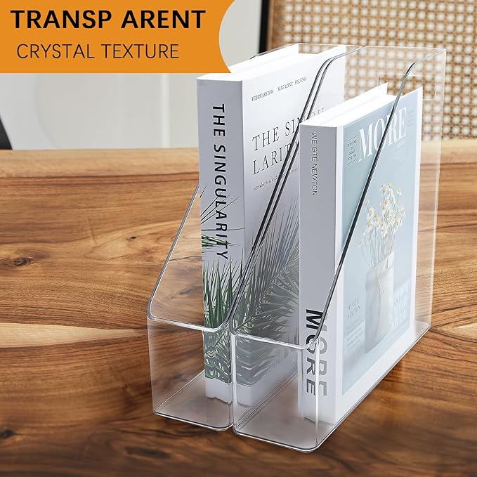 Magazine Holder, 2 Pack Acrylic Magazine File Holder,A4 Vertical File Organizer with Handle for Desk,Clear Document Rack File Folder Storage Bin