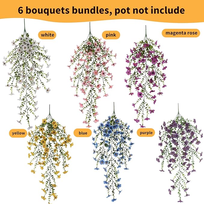 Artificial Hanging Flowers for Outdoors, 6 Pcs Fake Plant for Spring Summer Decoration, UV Resistant Realistic Silk Faux Flowers Outside Indoor Planter Porch Patio Balcony Yard Decor